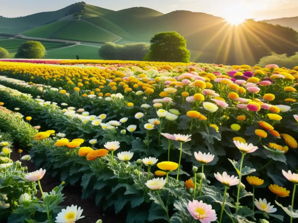 Un campo de crisantemos vibrantes bajo el cálido sol