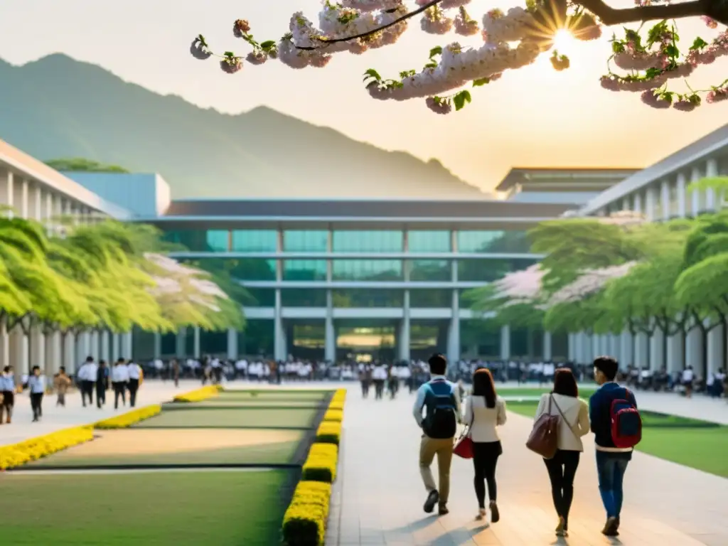 Campus universitario en Asia con estudiantes entre edificios modernos y árboles en flor