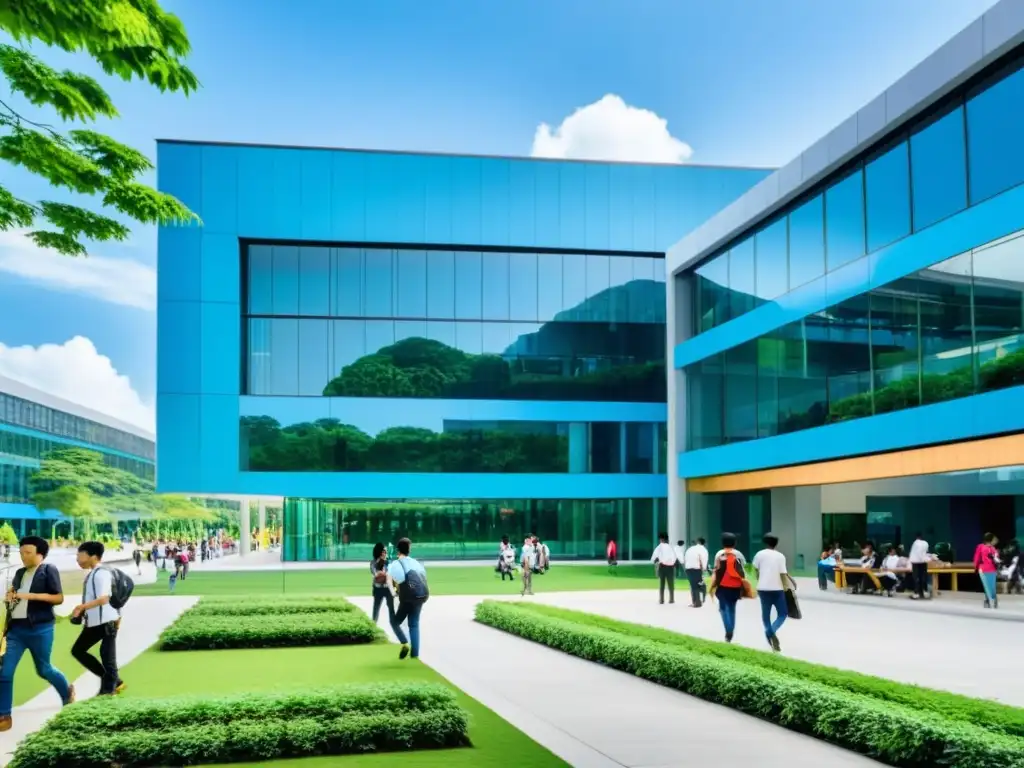 Campus universitario en Asia con modernos edificios de cristal, estudiantes entre clases y exuberante vegetación