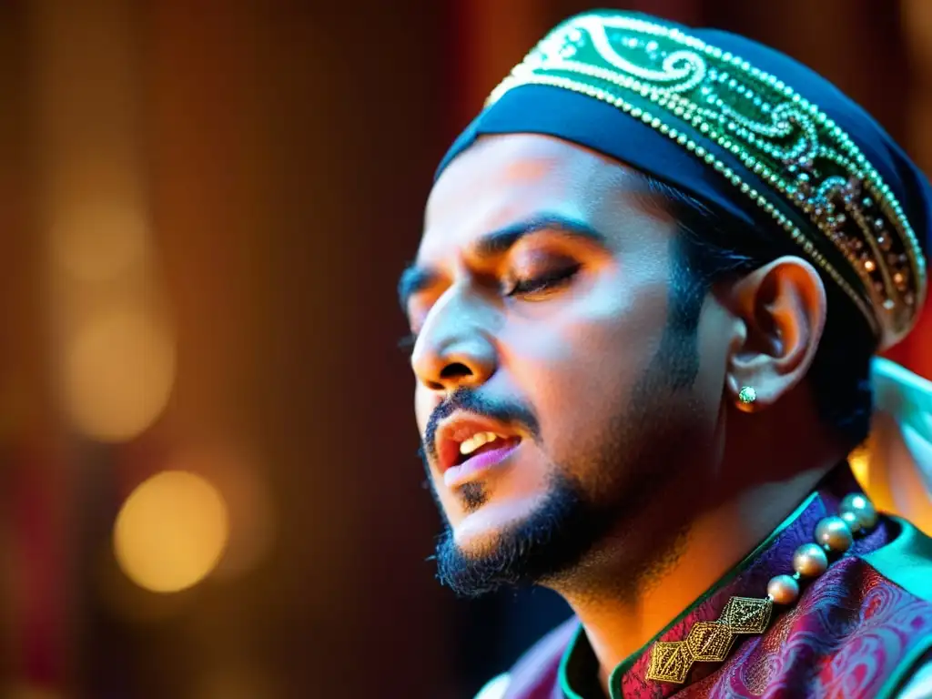 Un cantante de Qawwali muestra éxtasis sufí en su rostro, transmitiendo devoción y pasión