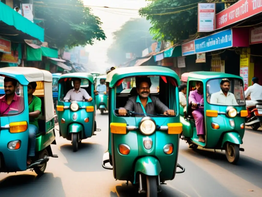 Caótica calle de Nueva Delhi llena de rickshaws eléctricos, reflejando el impacto global de la movilidad eléctrica en Asia