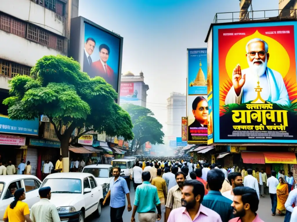 Caótica calle en Mumbai, India, con coloridos carteles de películas y temáticas religiosas y políticas