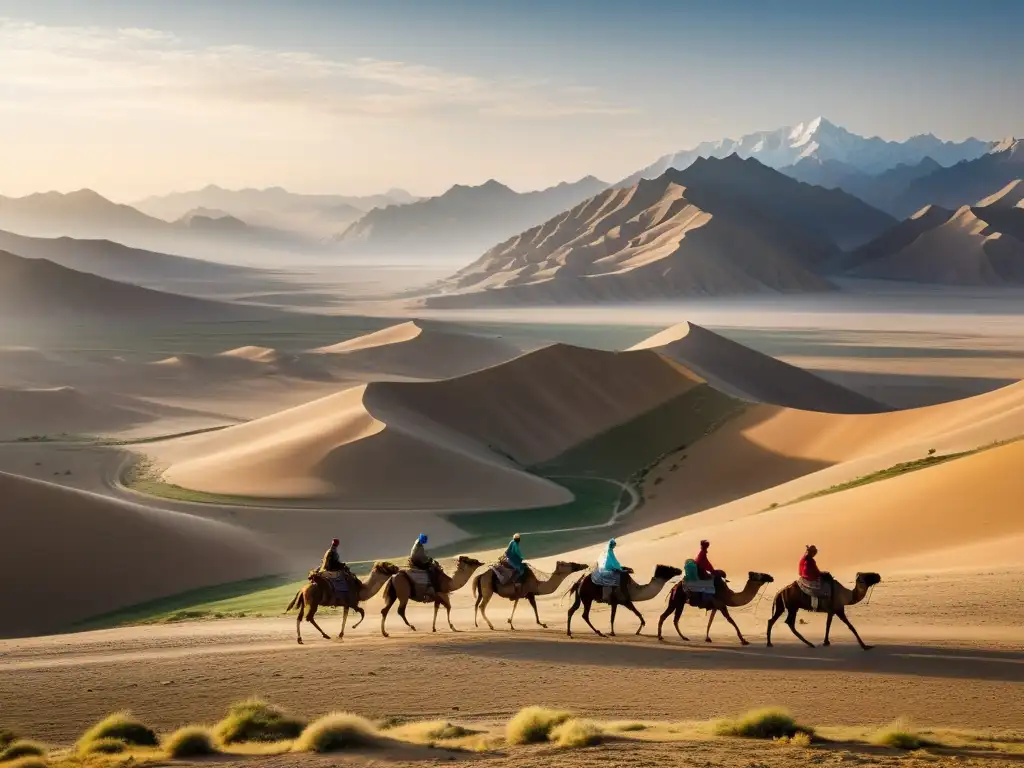 Caravana de camellos y mercaderes en la Ruta de la Seda, reflejando la esencia de las culturas nómadas Asia Central