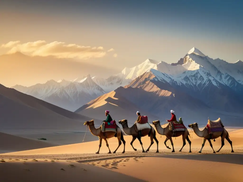 Caravana de camellos en la Ruta de la Seda, con los picos nevados de las montañas Pamir al fondo, bañados por la cálida luz del atardecer