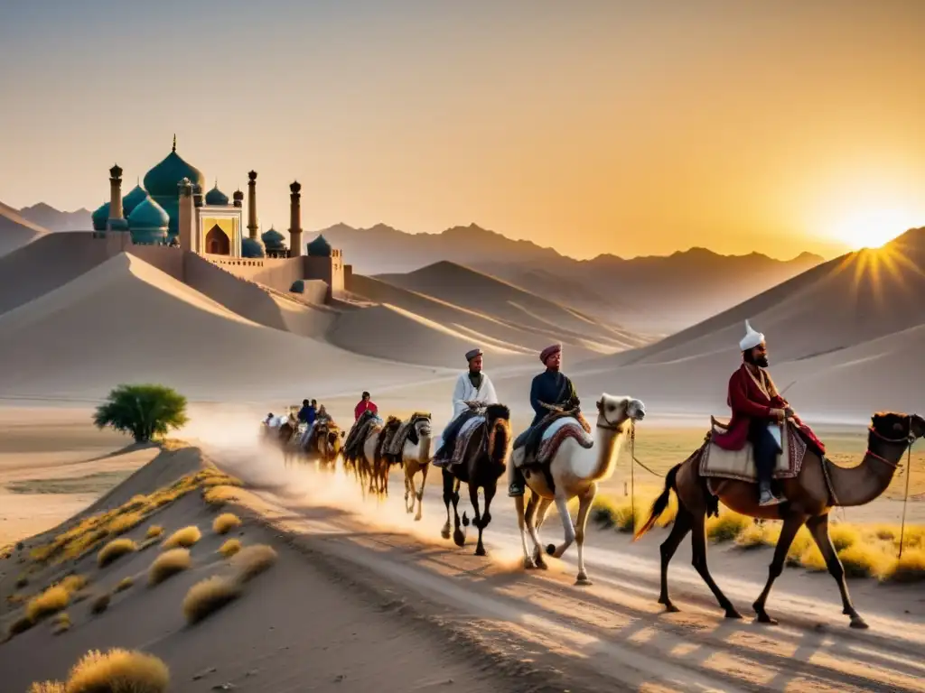 Caravanas de camellos en la antigua Ruta de la Seda, con hoteles de lujo en Asia Central al atardecer