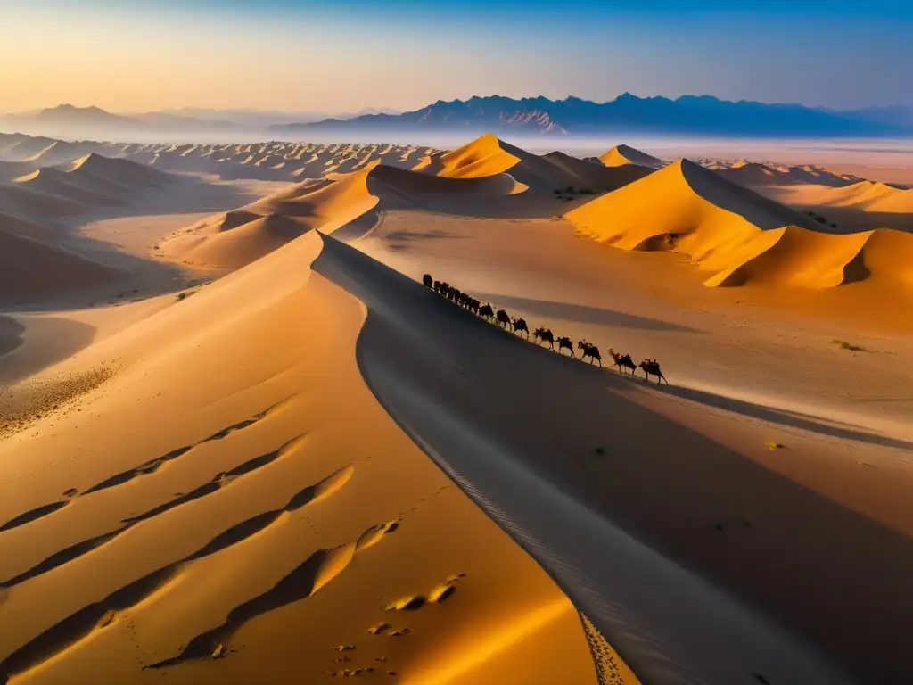 Caravanas de camellos recorren la antigua Ruta de la Seda en el vasto desierto al atardecer, destacando la historia de la ruta de la seda