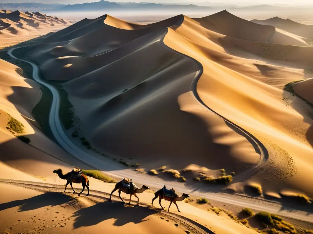 Caravanas de camellos recorren la árida Ruta de la Seda, evocando el impacto en la Dinastía Tang