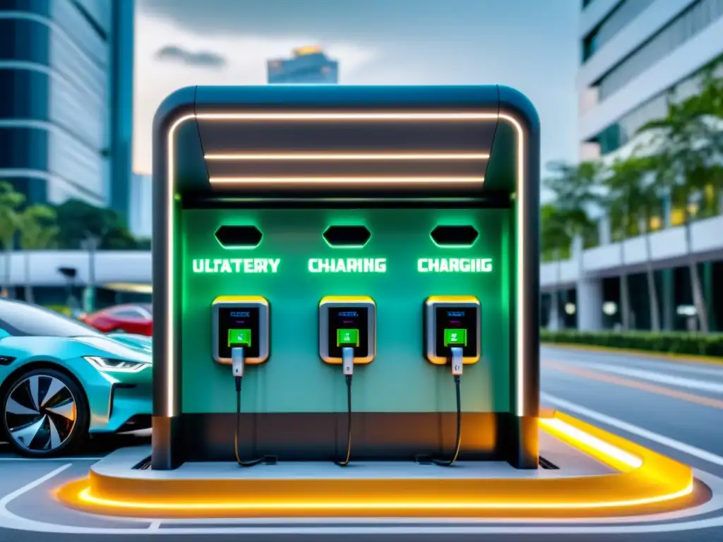 Estación de carga de baterías de Singapur con tecnología innovadora y vehículos eléctricos cargando a alta velocidad en un entorno urbano vibrante