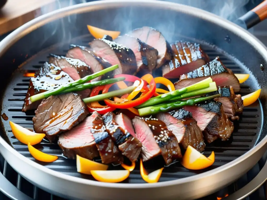 Carne bulgogi marinada cocinándose en la parrilla, creando una deliciosa explosión de sabores y aromas