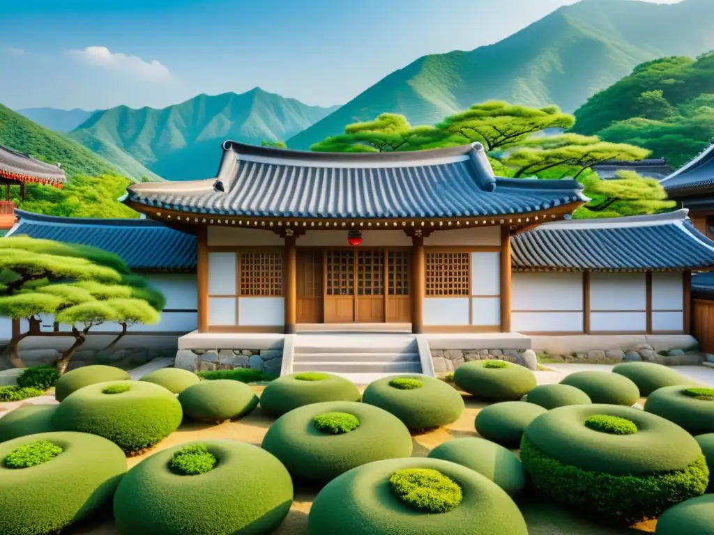 Una casa hanok coreana rodeada de exuberante vegetación, con montañas cubiertas de niebla al fondo