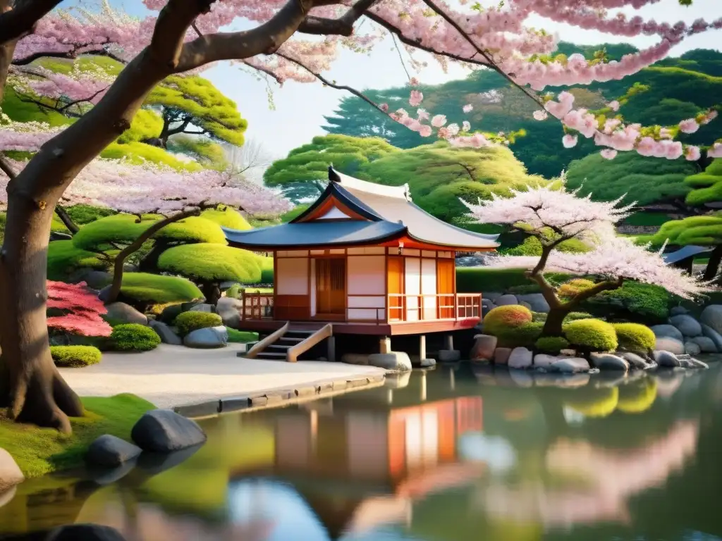 Una casa de té japonesa tradicional rodeada de cerezos en flor, reflejada en un sereno estanque