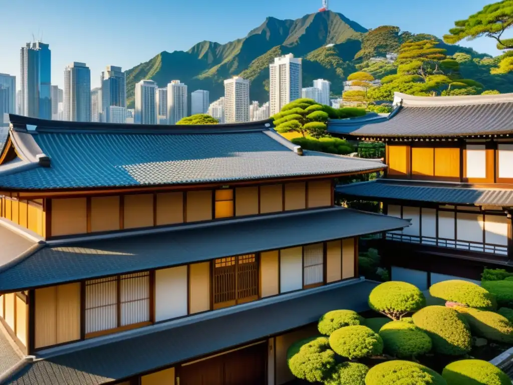 Contraste urbano: casa japonesa tradicional frente a rascacielos modernos Una casa de madera japonesa tradicional se destaca entre rascacielos modernos, mostrando el impacto de la modernización en las tradiciones asiáticas