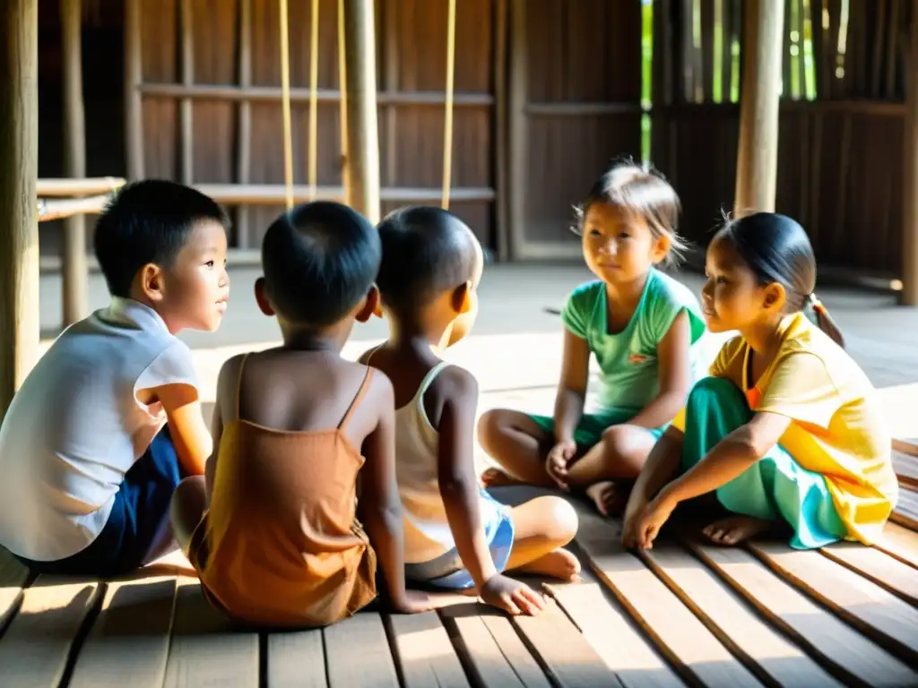 Abuelita comparte sabiduría con niños en aldea tailandesa En una casa de pilotes tailandesa, niños escuchan atentos a una anciana compartiendo tradiciones