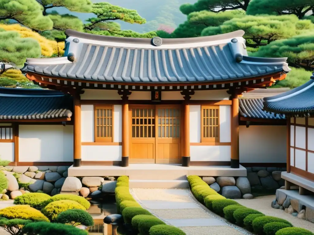 Una casa Hanok tradicional coreana se encuentra entre exuberante vegetación, con un sendero de piedra que conduce a la entrada