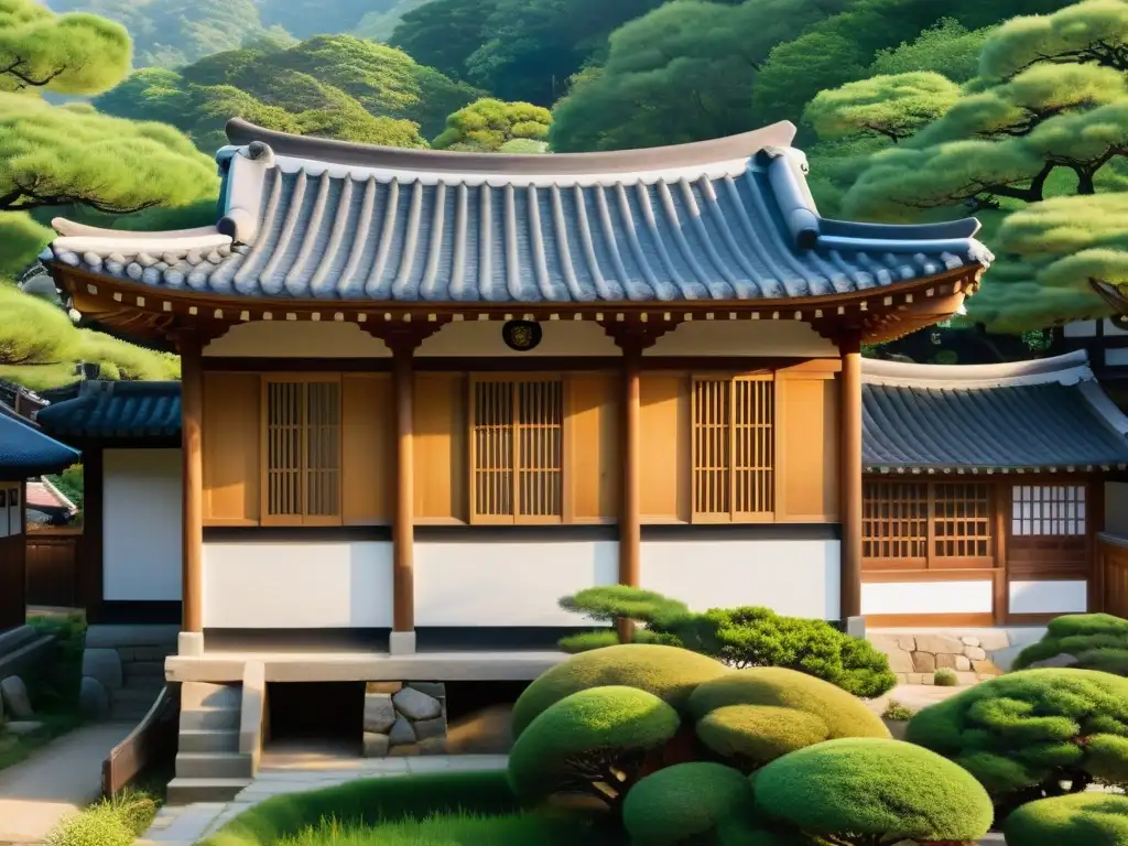 Una Casa Hanok tradicional coreana se funde armoniosamente con la exuberante vegetación, irradiando tranquilidad y encanto histórico