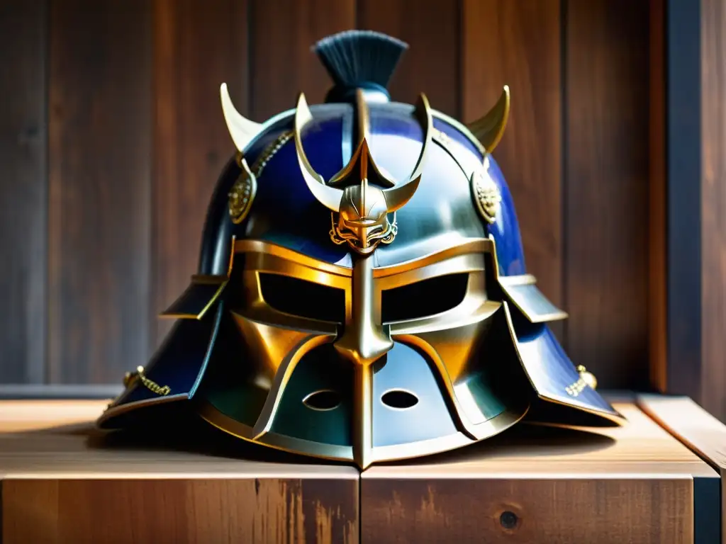 Imponente y evocador yelmo de samurái en madera pulida Un casco samurái desgastado descansa sobre un soporte de madera pulida