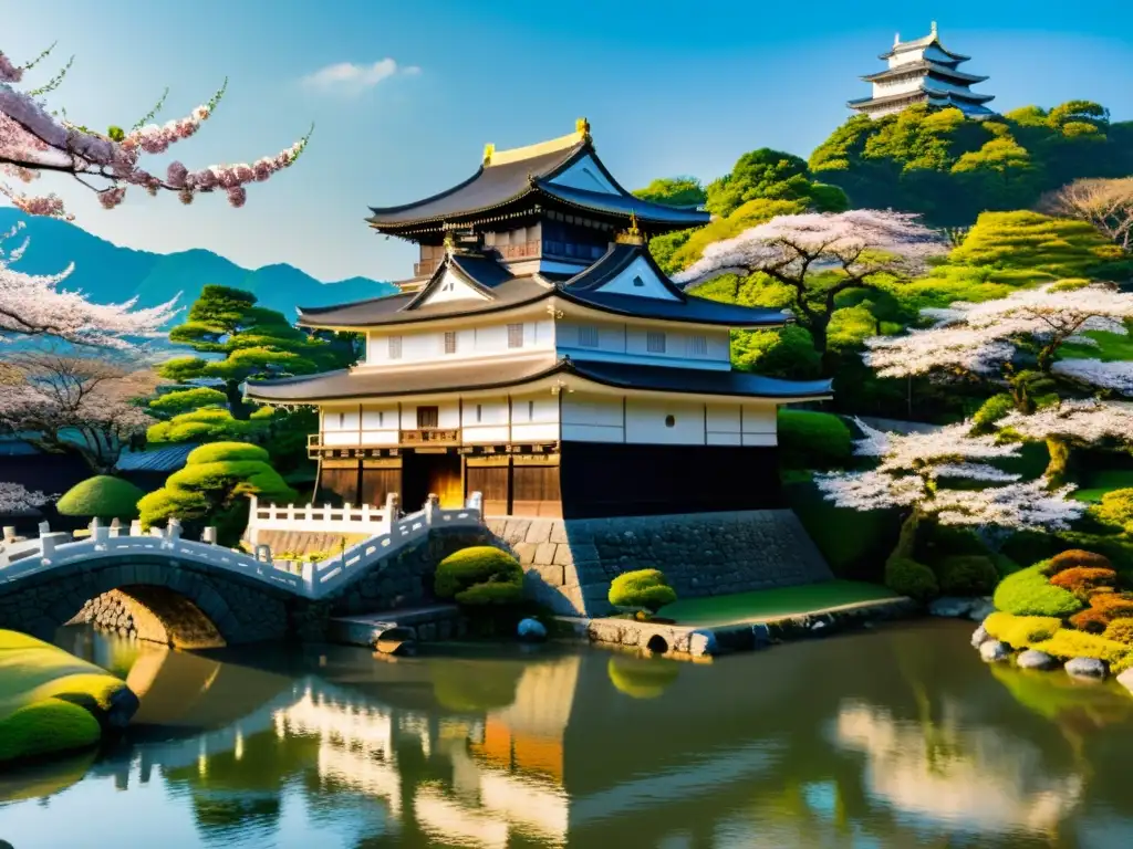 Un castillo japonés con estrategias defensivas rodeado de jardines exuberantes y lagos, resplandece bajo la luz del sol