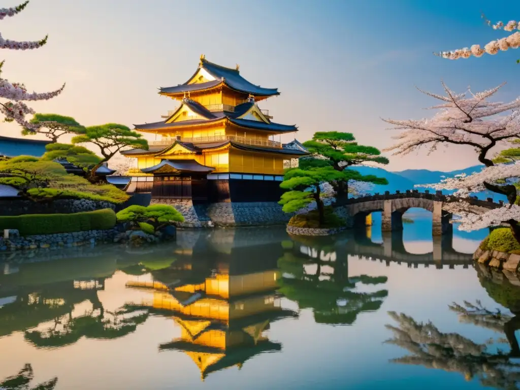 Un castillo japonés tradicional con estrategias defensivas en un entorno natural, iluminado por la cálido atardecer