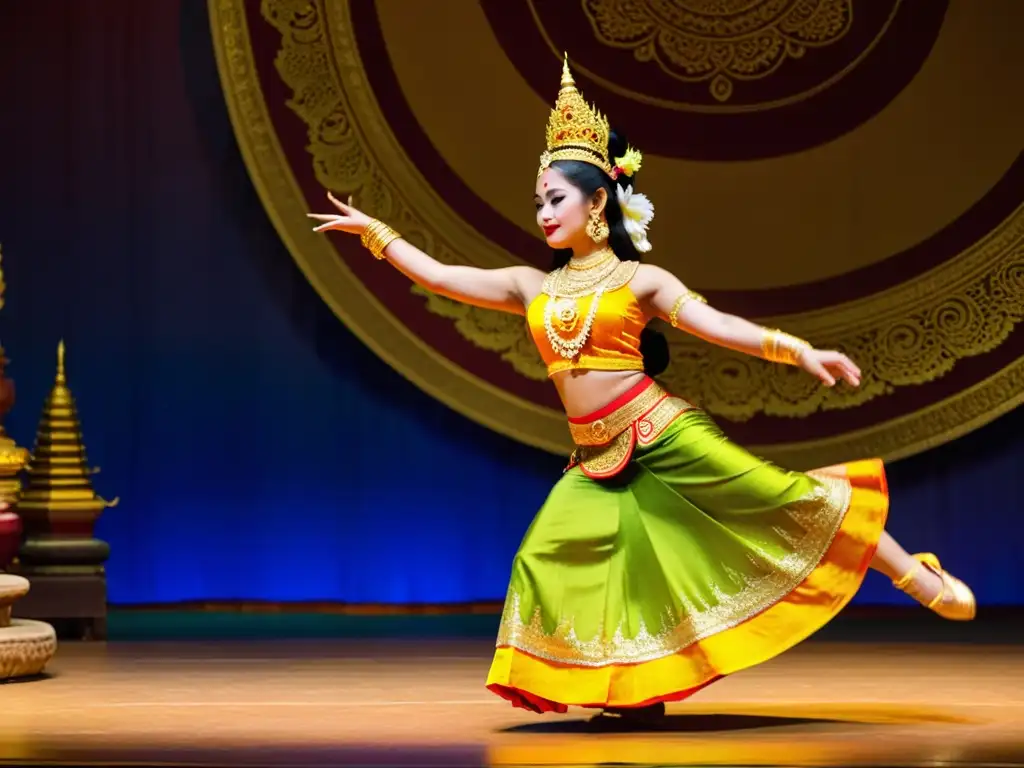 Una cautivadora actuación de danza tradicional camboyana en un teatro ornado, resaltando el resurgimiento cultural en Phnom Penh