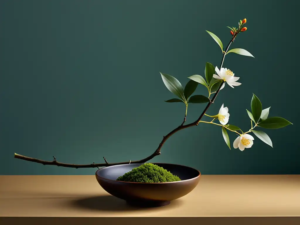 Una cautivadora composición de ikebana japonés, con ramas, hojas y flores en un estilo minimalista