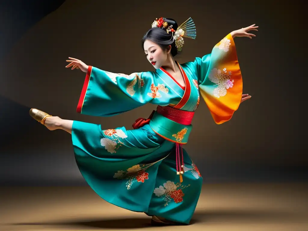 Una cautivadora imagen de una bailarina japonesa tradicional, capturando la elegancia y el arte de la danza tradicional japonesa