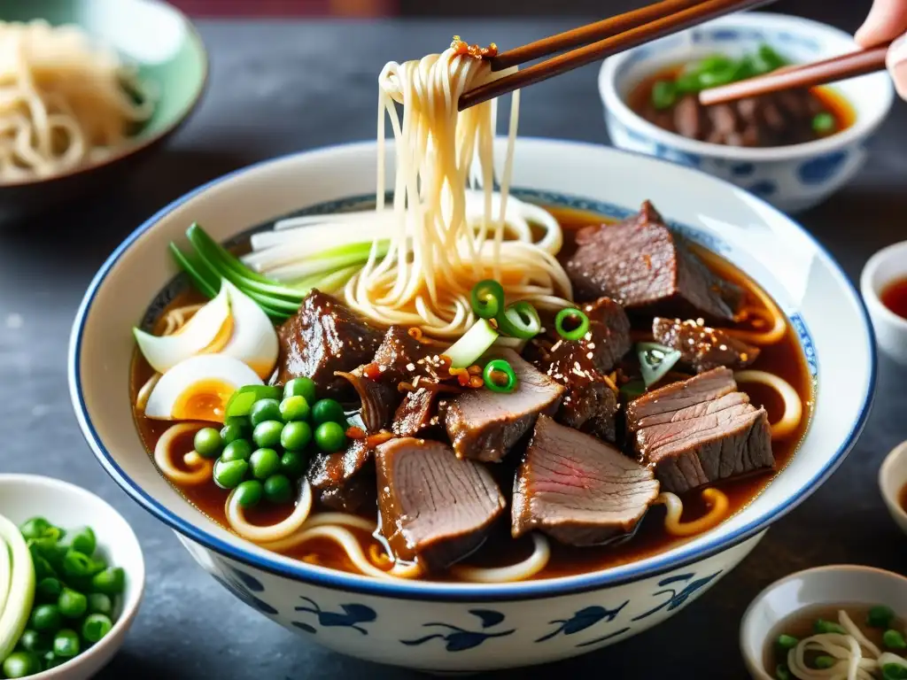 Una cautivadora imagen detallada de un tazón humeante de fideos de res Lanzhou, con caldo sabroso, carne tierna y cebollas verdes