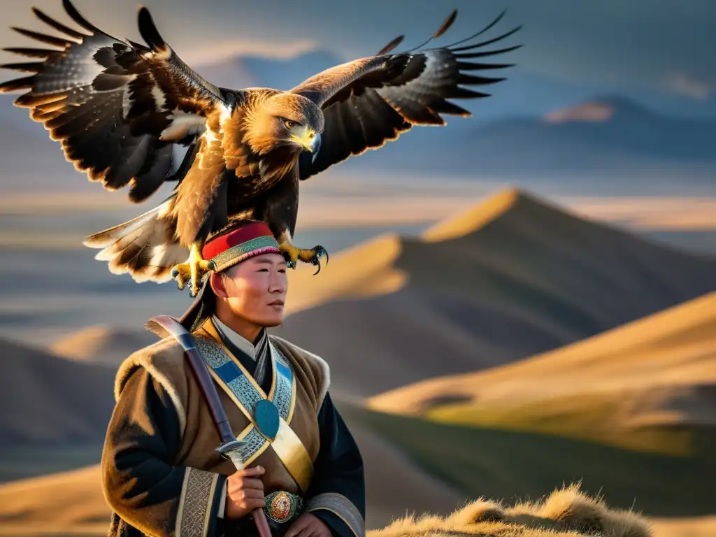 Un cazador de águilas doradas de Mongolia, con un paisaje épico de la estepa y luz dorada al atardecer