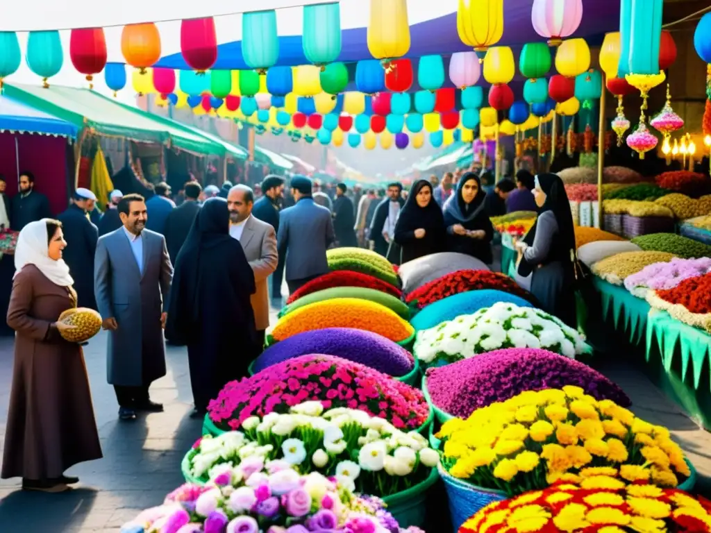 Celebración del Año Nuevo Persa tradición Nowruz en un bullicioso mercado lleno de colores, familias y alegría