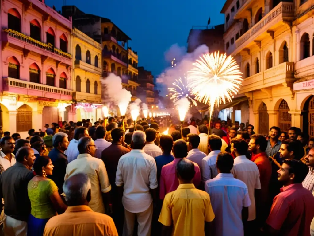 La celebración del Festival Diwali en Varanasi, India, con familias encendiendo lámparas y fuegos artificiales en las calles