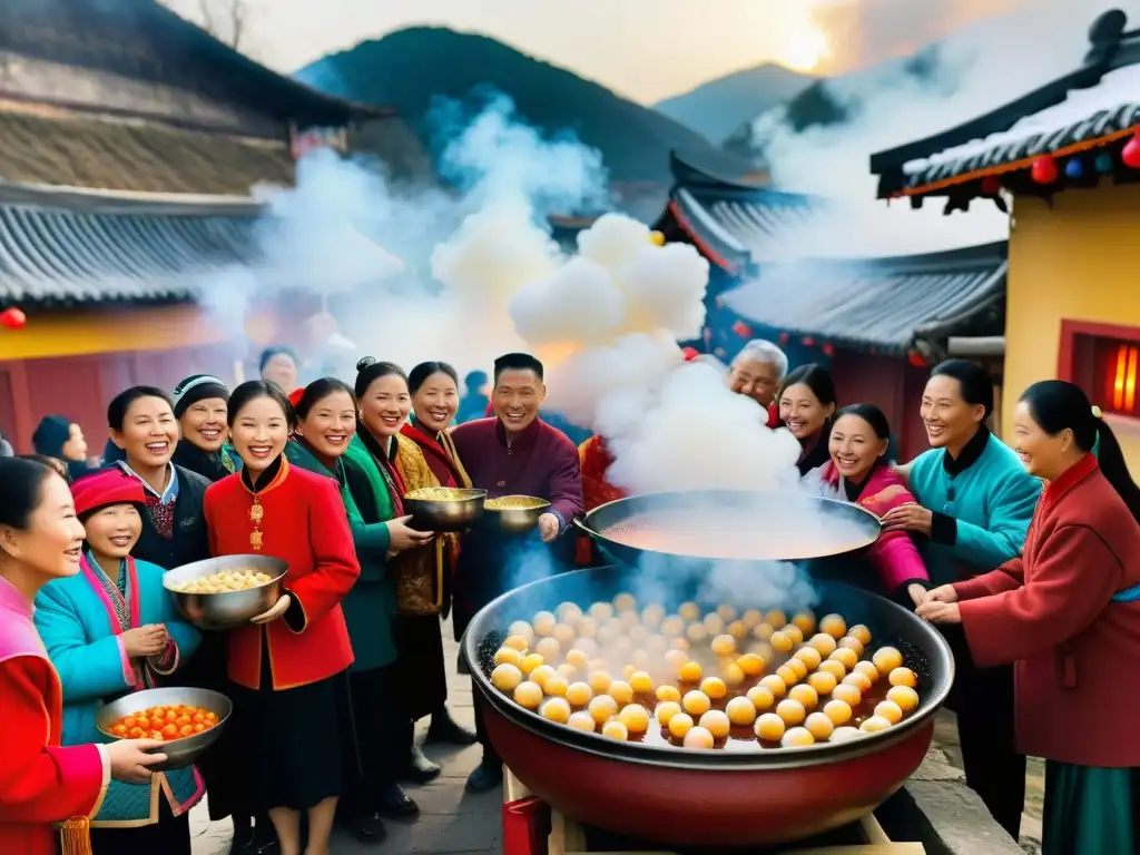 Una celebración tradicional de Dongzhi en China, con una familia reunida alrededor de un caldero de tangyuan