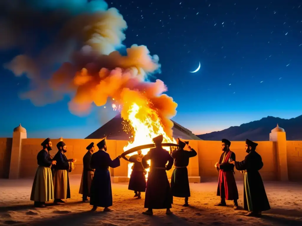 Una celebración tradicional de Sadeh en Persia, con fuego antiguo y colores vibrantes bajo el cielo nocturno