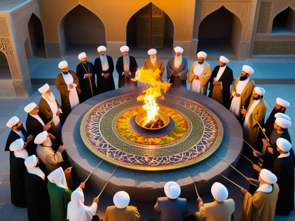 Una celebración tradicional Persa de Sadeh, con una llama vibrante en el centro y participantes en atuendos tradicionales, evocando la conexión a la antigua tradición Persa del fuego