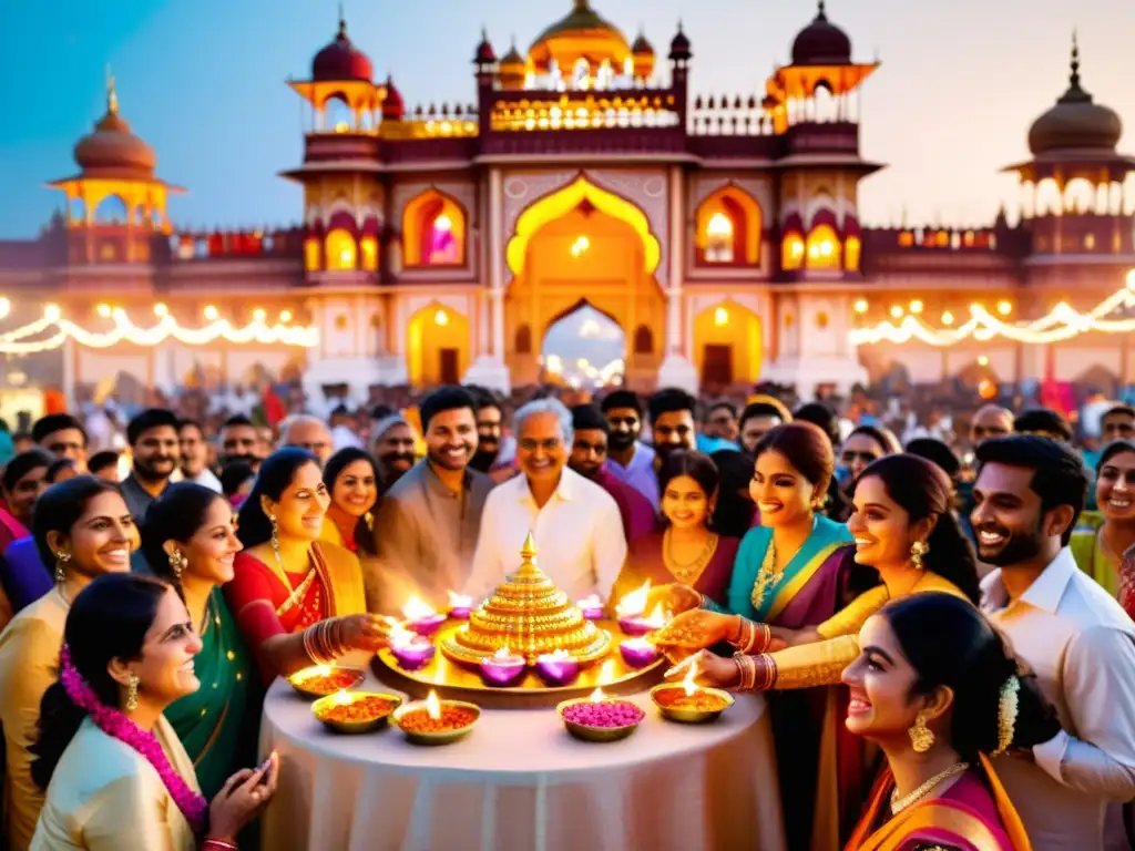 Una celebración vibrante de Diwali en la ciudad, con música y delicias preparadas, y el majestuoso templo al fondo