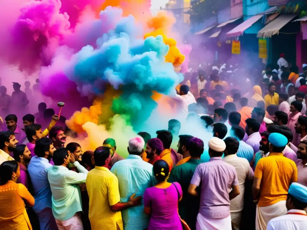 Una celebración vibrante del festival Holi en la India, con una explosión de colores y expresiones alegres