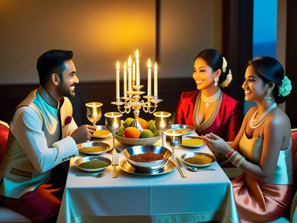 Cena lujosa en especierías de la India: mesa adornada con plata, especias y comensales elegantes bajo cálida luz de velas