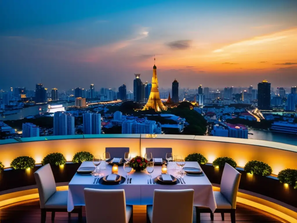 Exclusiva cena en la azotea de Bangkok con chef privado y atardecer 'Cenas íntimas en rooftops de Bangkok: un atardecer deslumbrante sobre la ciudad, mesa para dos y un chef preparando una cena exquisita