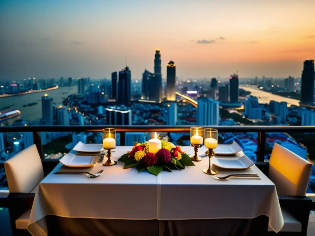 Mesa elegante de Bangkok con vista panorámica Cenas íntimas en rooftops de Bangkok: mesa elegante con decoración asiática, comida tailandesa y vista panorámica de la ciudad