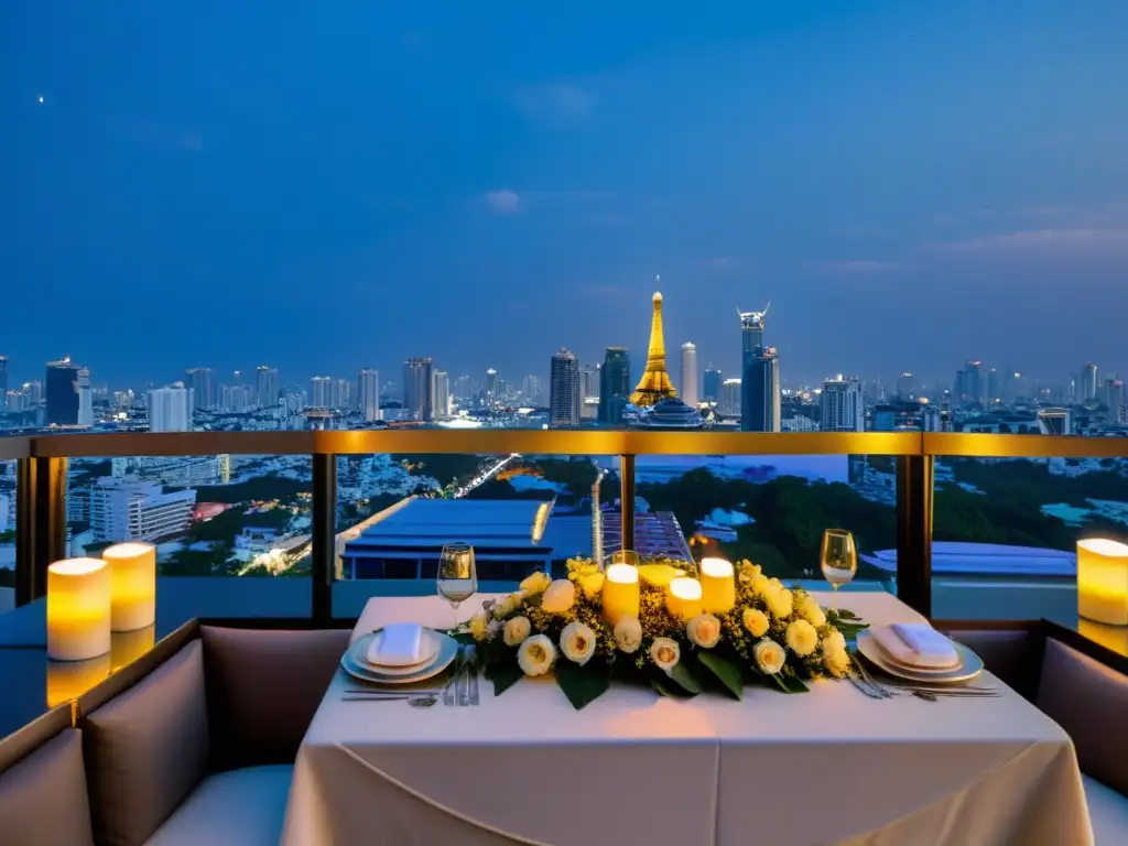 Exquisita cena en la azotea con vista panorámica de Bangkok Cenas íntimas en rooftops de Bangkok: mesa elegante con velas, flores y vistas panorámicas al atardecer sobre la ciudad