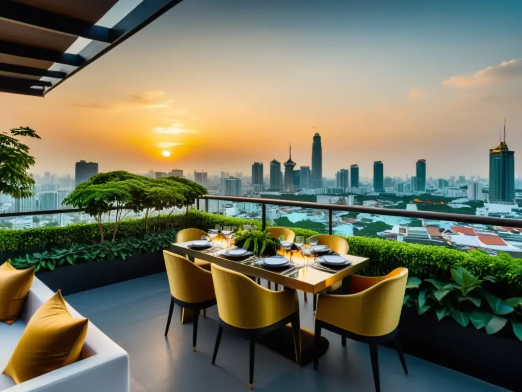 Exclusiva cena en Bangkok al atardecer 'Cenas íntimas en rooftops de Bangkok: mesa elegantemente puesta en un entorno exuberante con vista a la ciudad al atardecer