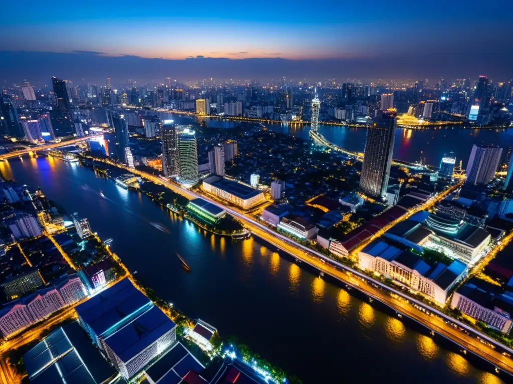 Esplendor nocturno de Bangkok: luces y río Chao Phraya Cenas íntimas en rooftops de Bangkok: la sofisticada y vibrante vista nocturna de la ciudad iluminada, con rascacielos y calles animadas