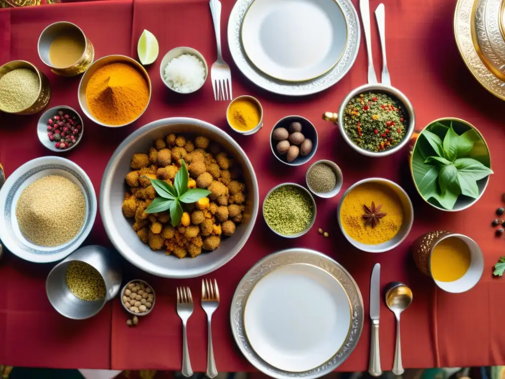 Cenas lujosas en especierías de la India: Mesa decorada con exquisitos platos y especias, en un mercado tradicional lleno de color y aromas