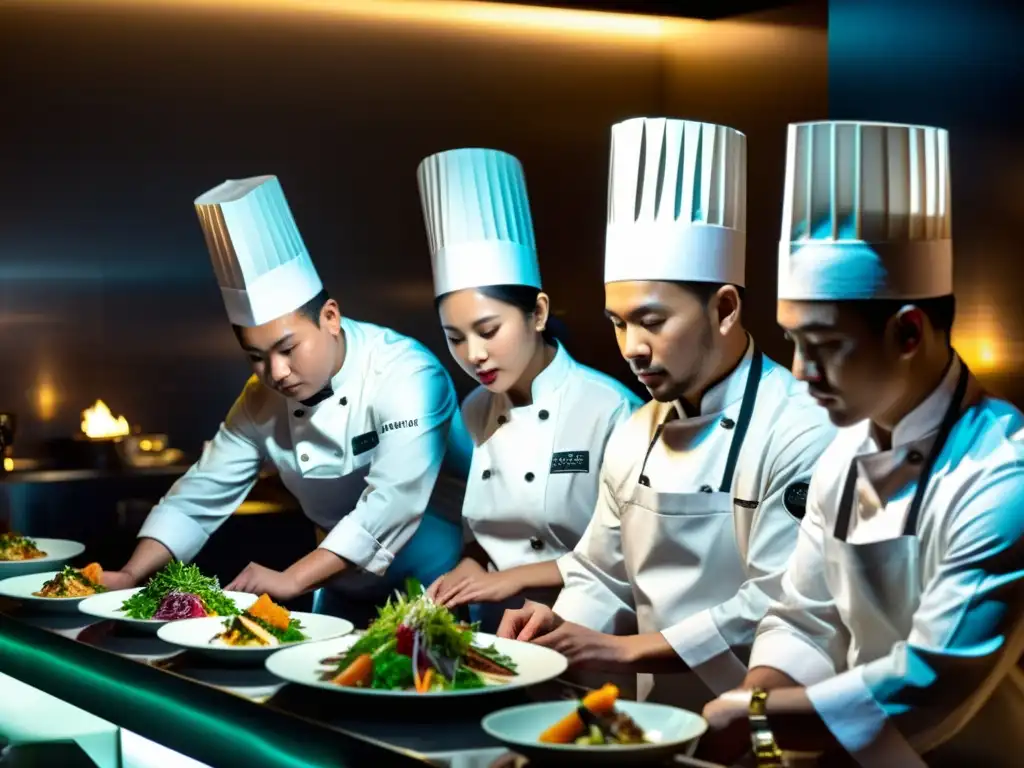 Cenas temáticas arte gastronomía asiática: Chefs innovadores preparando exquisitos platos de fusión asiática en un elegante comedor iluminado