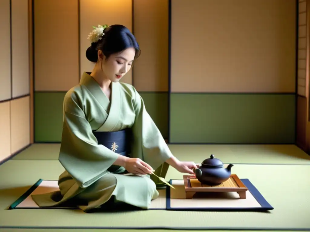 Cenas temáticas arte gastronomía asiática: Ceremonia del té japonesa en una sala de tatami serena y elegante, con una anfitriona grácil sirviendo matcha mientras la luz solar baña la escena