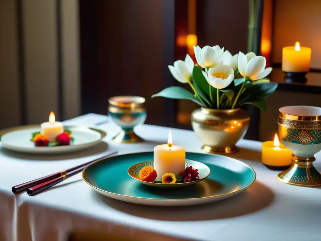 Cenas temáticas arte gastronomía asiática: Mesa decorada con vajilla y flores vibrantes, velas encendidas y chef preparando exquisitos platos