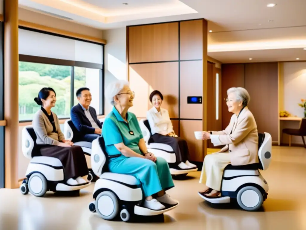 Un centro de asistencia moderno en Japón, donde robots asisten a personas mayores en actividades y tareas diarias