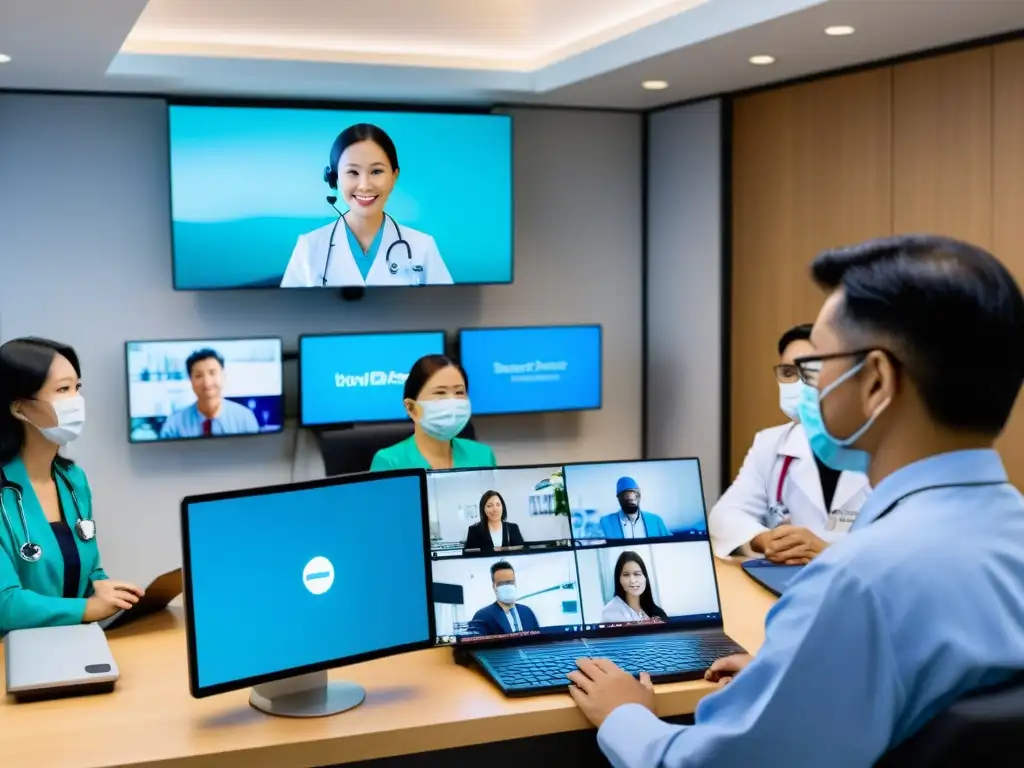 Un centro de telemedicina bullicioso en una ciudad asiática, con profesionales de la salud consultando a pacientes a través de videoconferencia