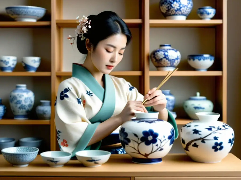 Inversión en cerámica japonesa: Artista de kimono pinta delicadas flores de cerezo en un jarrón de porcelana, en un estudio sereno y luminoso