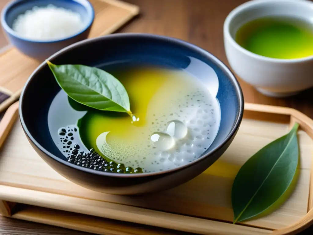 Una cerámica japonesa tradicional con té verde, arroz y un batidor de bambú en luz suave