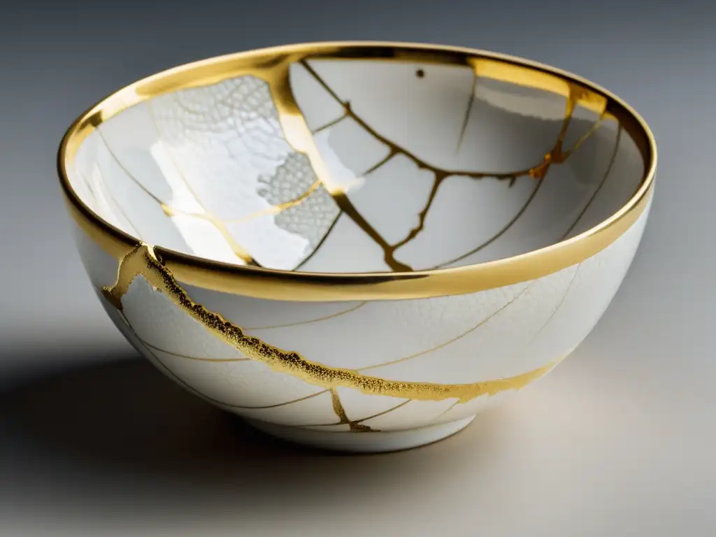 Una cerámica rota reparada con la filosofía Kintsugi, mostrando la belleza de la reparación con oro y resiliencia