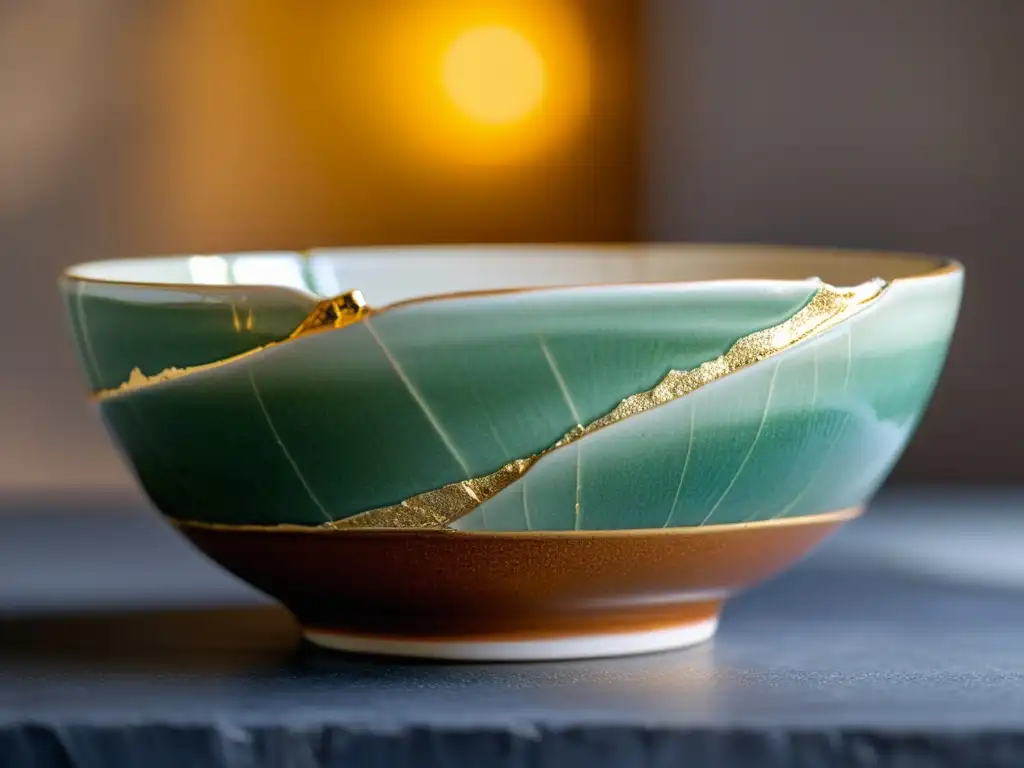 Una cerámica rota restaurada con Kintsugi, mostrando la belleza de sanar heridas emocionales con Kintsugi en un entorno sereno y contemplativo